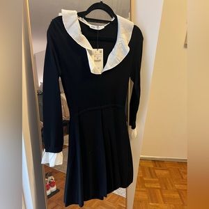 Zara NWT black knit dress with white ruffle collar size medium